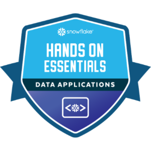 Abzeichen für "Hands On Essentials: Data Applications" von Snowflake, mit blauer und schwarzer Farbgestaltung.