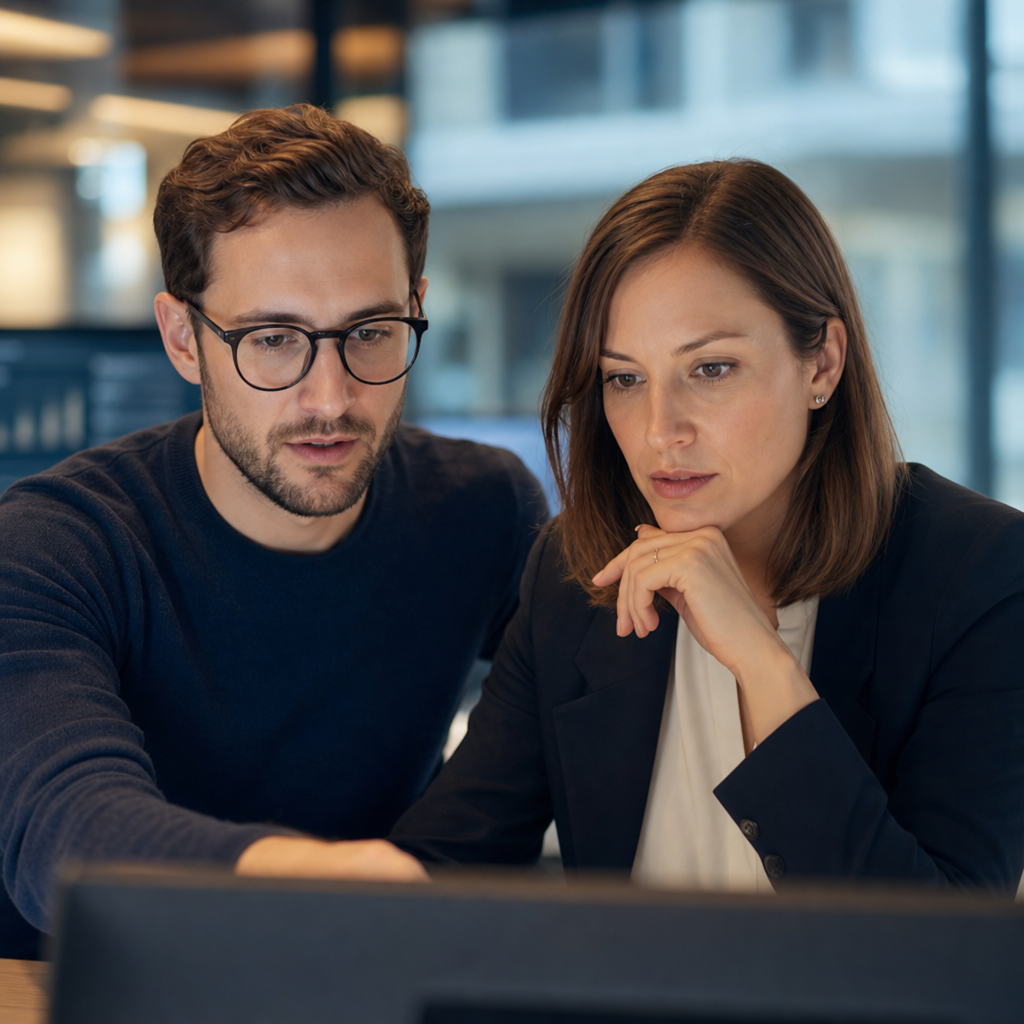 Ein Mann und eine Frau betrachten konzentriert einen Computerbildschirm in einem modernen B&uuml;ro.