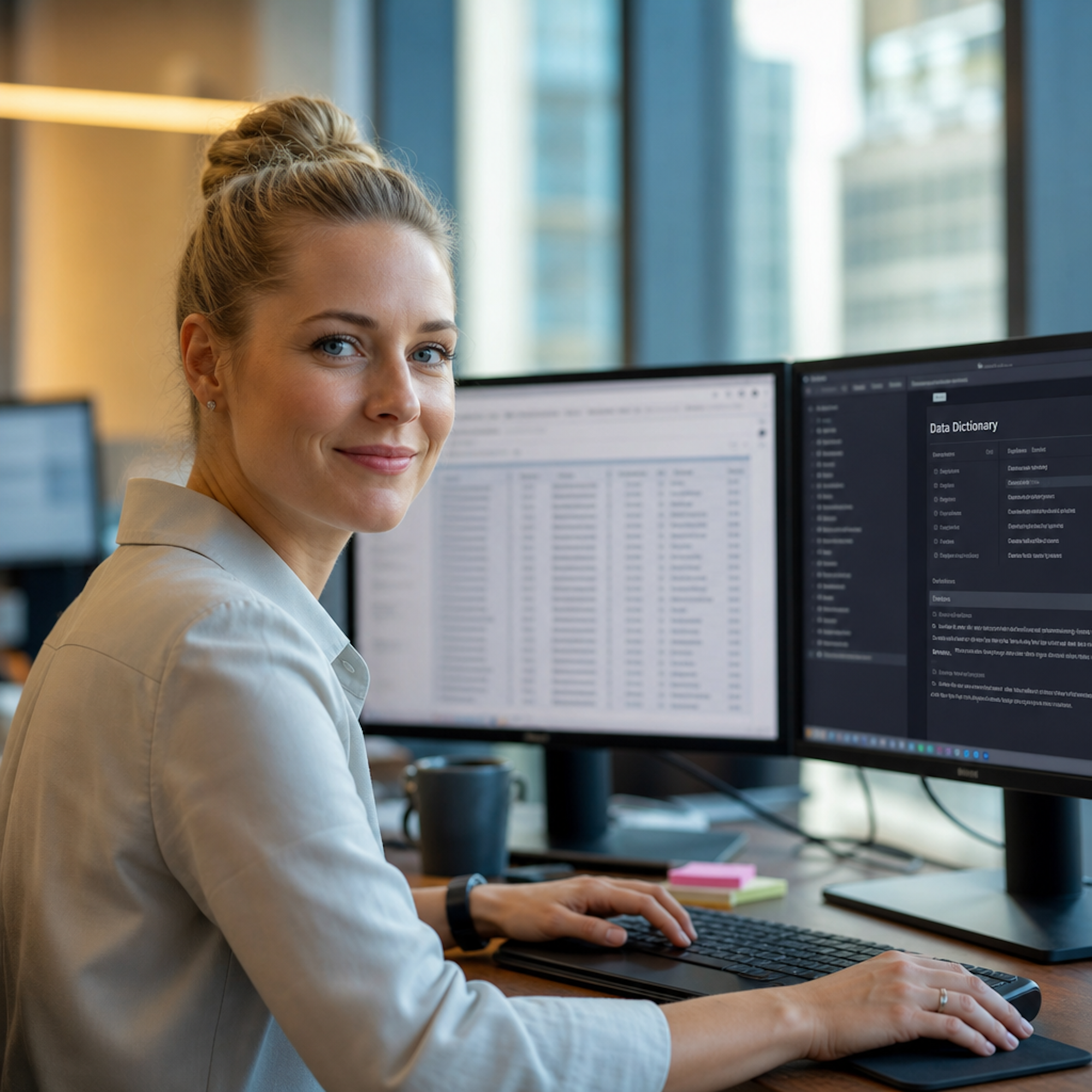Eine Frau sitzt an einem Schreibtisch mit zwei Monitoren, w&auml;hrend sie an einem Computer arbeitet. B&uuml;roatmosph&auml;re.