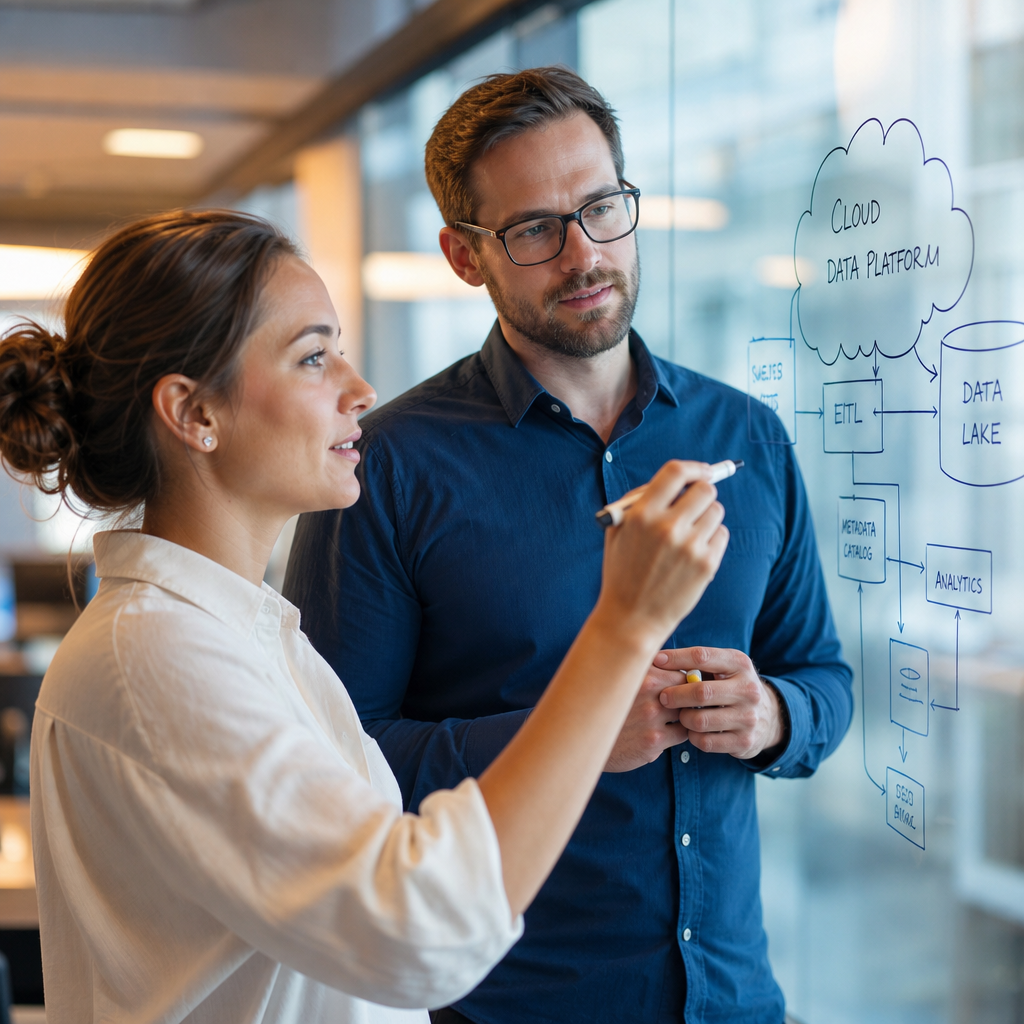 Zwei Personen in einem modernen B&uuml;ro besprechen eine Cloud-Datenplattform, w&auml;hrend eine von ihnen auf ein Glas schreibt.