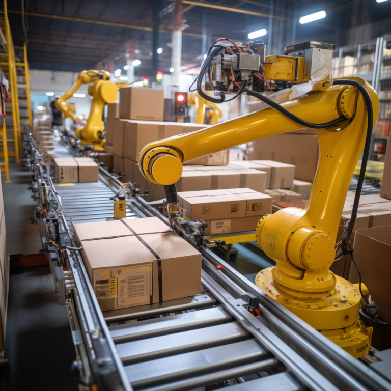 Industrielle Roboterarme packen Kartons auf einem F&ouml;rderband in einer modernen Lagerhalle.