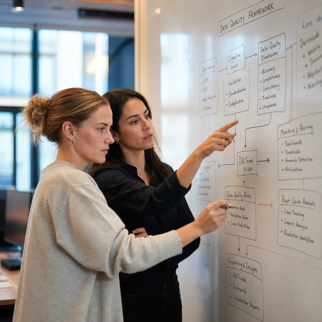 Zwei Frauen analysieren ein Diagramm zum Datenqualit&auml;tsrahmen an einer Tafel in einem modernen B&uuml;ro.