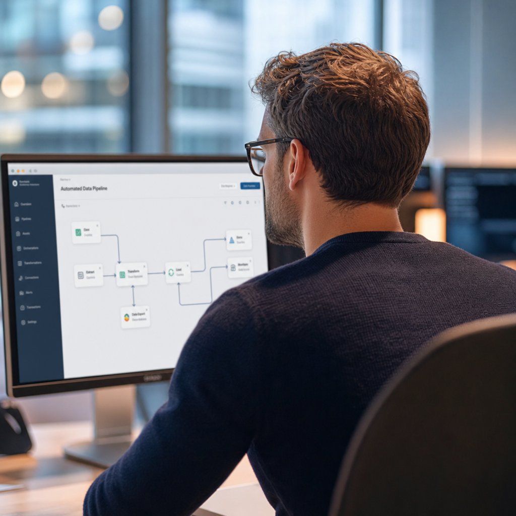 Ein Mann sitzt vor einem Computerbildschirm und arbeitet an einer automatisierten Datenpipeline.