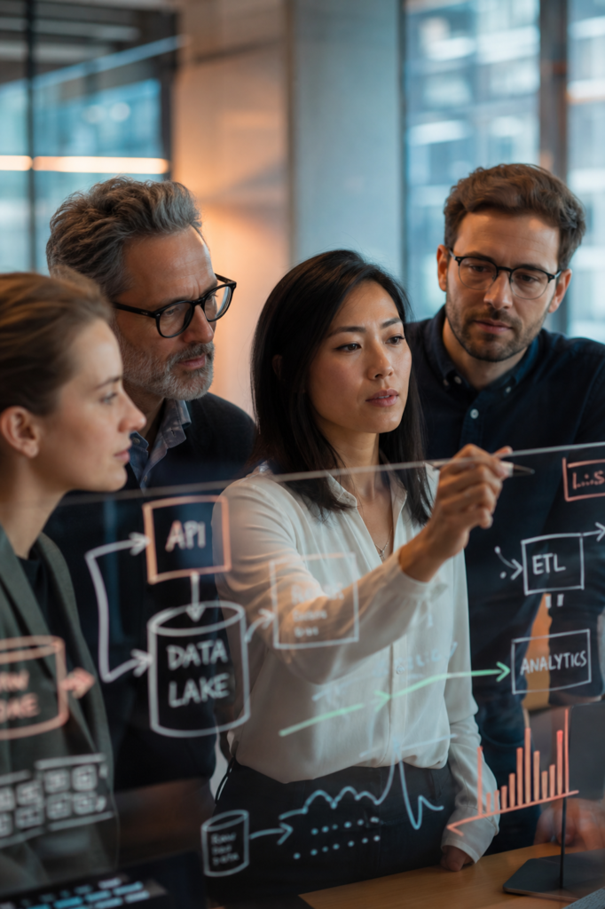 Ein Team von vier Fachleuten diskutiert Datenanalysen vor einem Glasboard mit Diagrammen und Modellen.