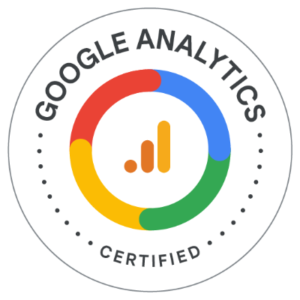 Google Analytics Zertifikat mit buntem Kreisdesign und Balkendiagramm-Symbol.