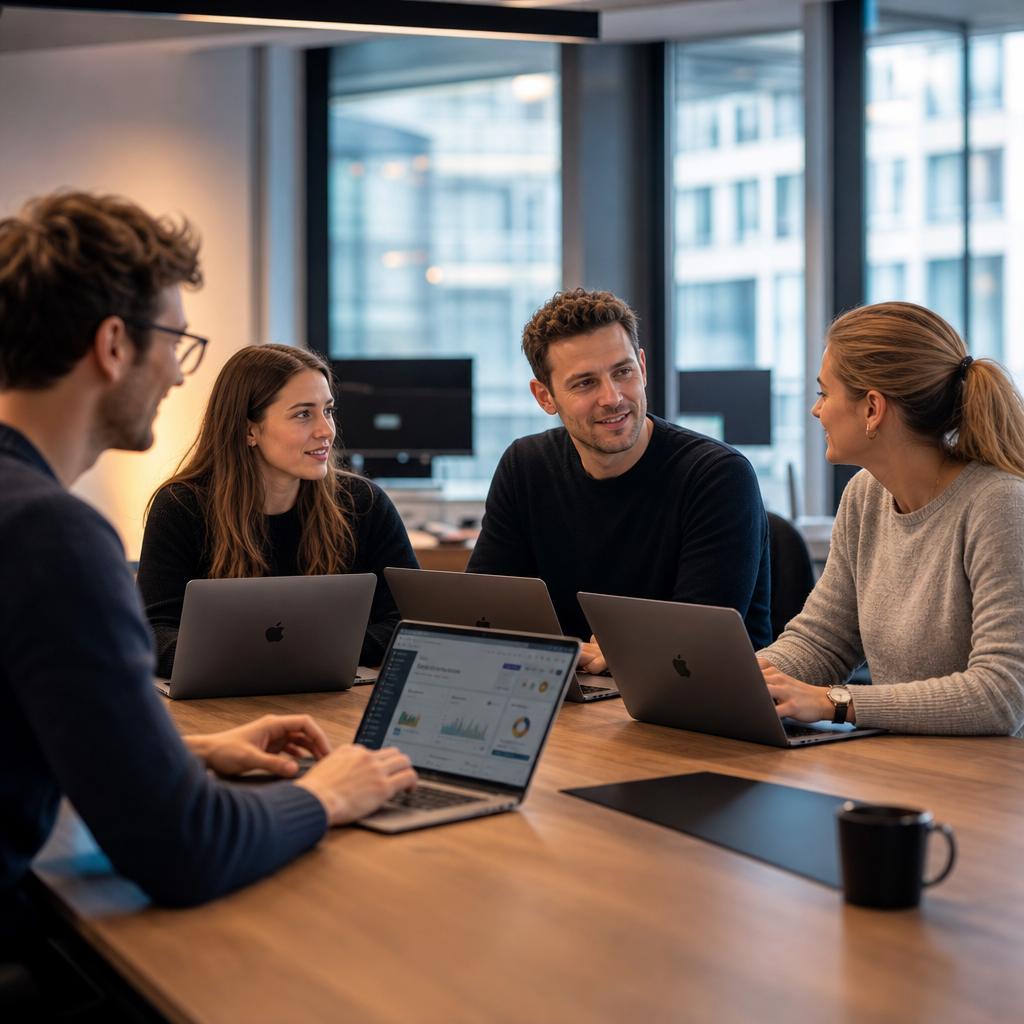 Vier Personen in einem modernen Meetingraum, arbeiten an Laptops und diskutieren &uuml;ber Grafiken und Daten.