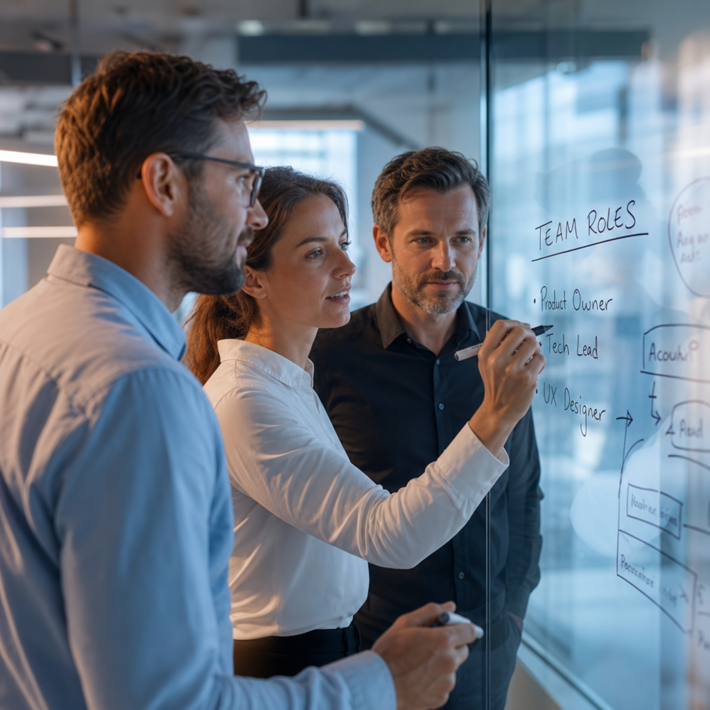 Drei Fachleute besprechen Teamrollen an einem Glasboard, w&auml;hrend sie Diagramme und Notizen erstellen.