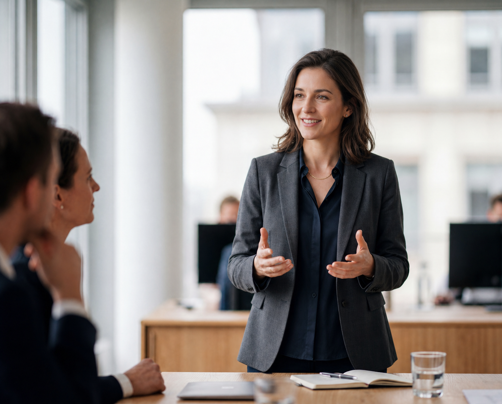 Eine Frau in Businesskleidung pr&auml;sentiert selbstbewusst vor zwei Zuh&ouml;rern in einem modernen B&uuml;ro.