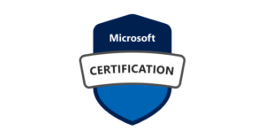 Microsoft-Zertifizierungsabzeichen in Blau und Weiß mit dem Text "CERTIFICATION".