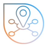 Ein stilisiertes Standortsymbol mit verbundenen Punkten, das Netzwerkverbindungen darstellt.