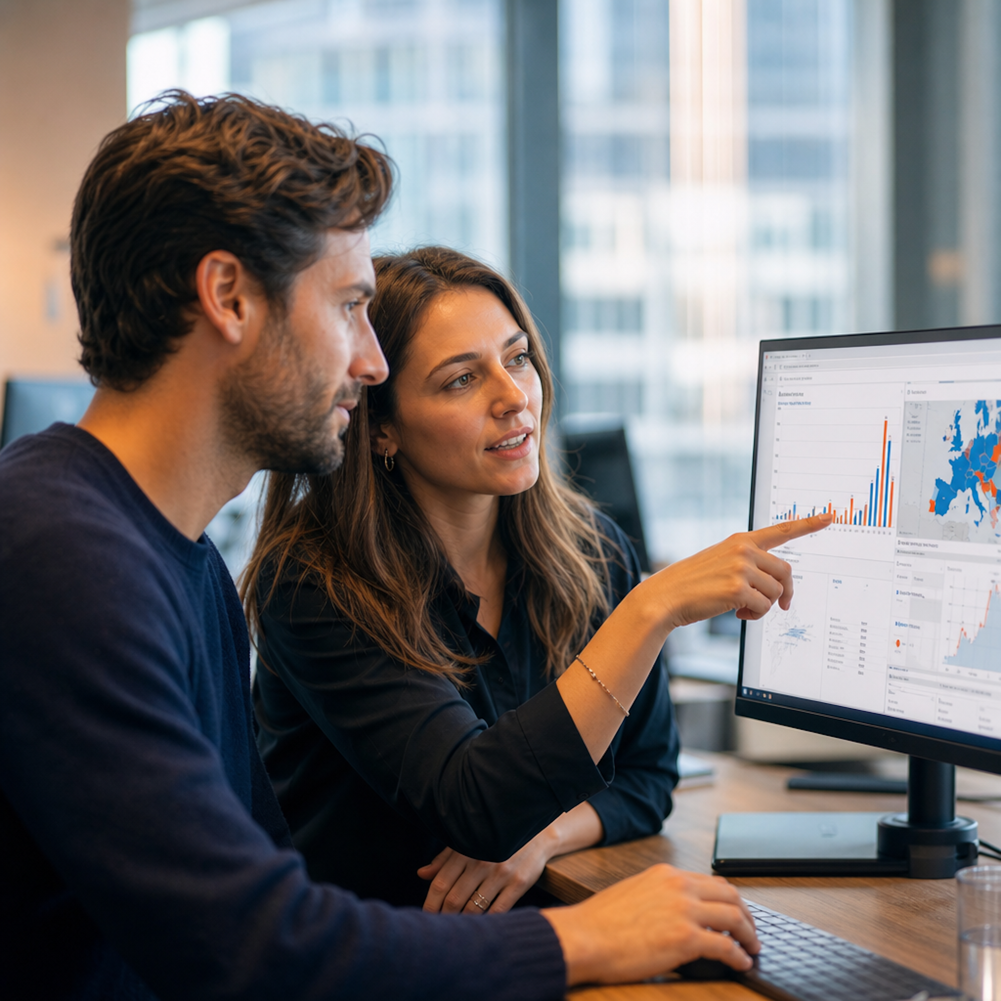 Zwei Personen in einem modernen B&uuml;ro analysieren Grafiken auf einem Computerbildschirm.