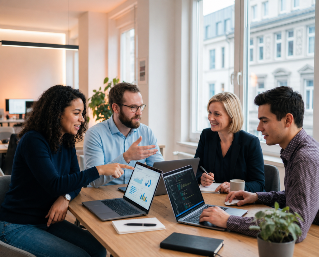 Vier Personen in einem modernen B&uuml;ro diskutieren bei Laptops &uuml;ber Diagramme und Datenanalysen.