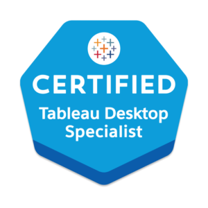 Zertifikat für Tableau Desktop Specialist in blauer sechseckiger Form mit buntem Logo.