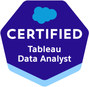 Abzeichen für zertifizierten Tableau Data Analysten in Hexagon-Form mit blauen und weißen Akzenten.