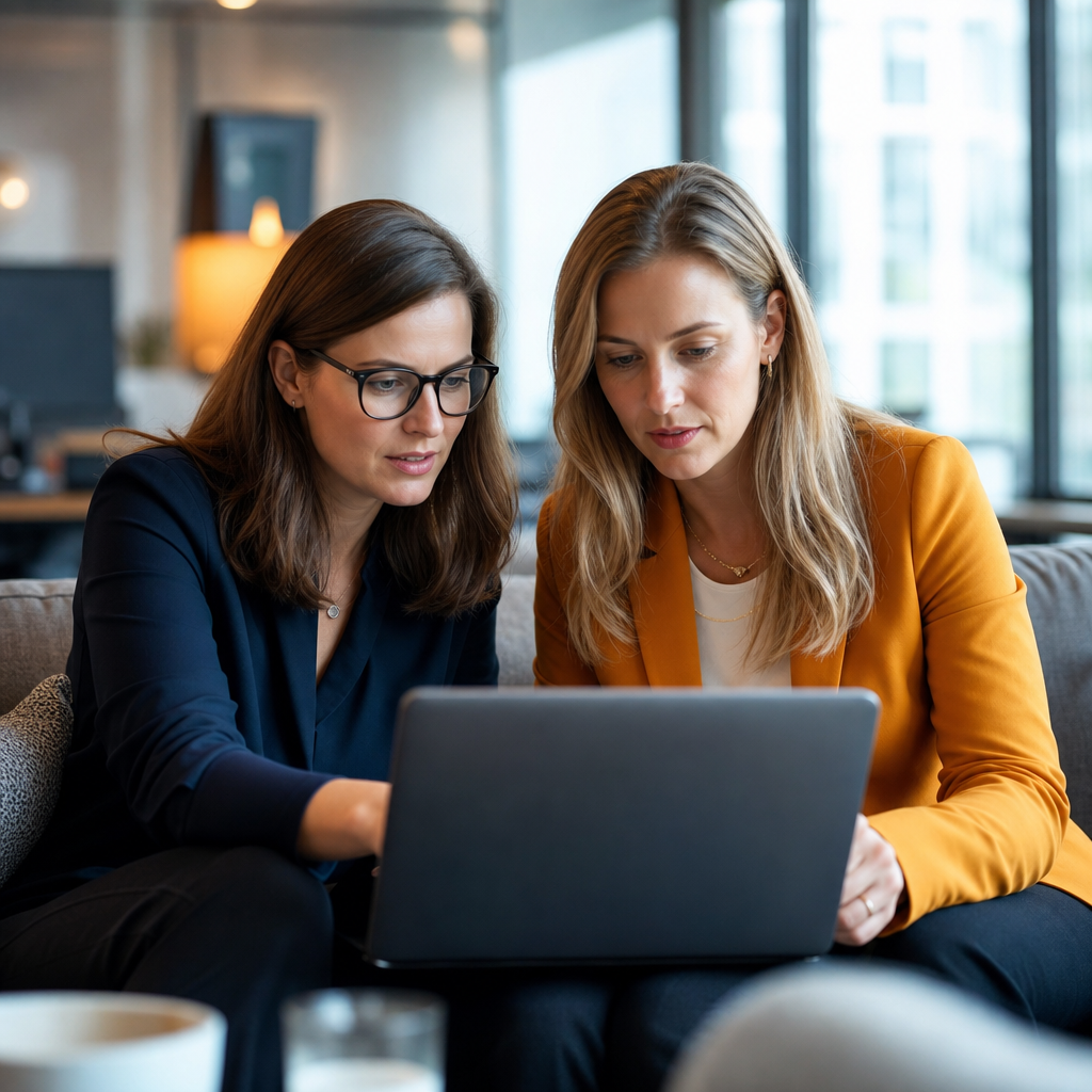 Zwei Frauen in einem modernen B&uuml;ro betrachten gemeinsam einen Laptop. Sie wirken konzentriert und engagiert.