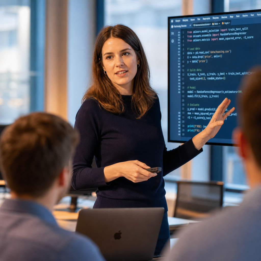 Eine Frau pr&auml;sentiert vor einem Bildschirm mit Programmiercode, w&auml;hrend sie ein Publikum anspricht.