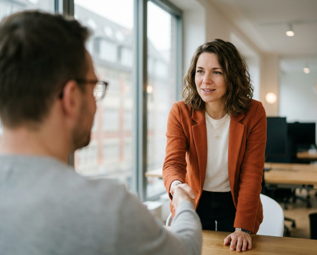 Eine Frau in einem orangefarbenen Blazer sch&uuml;ttelt einem Mann die Hand in einem modernen B&uuml;ro mit gro&szlig;en Fenstern.