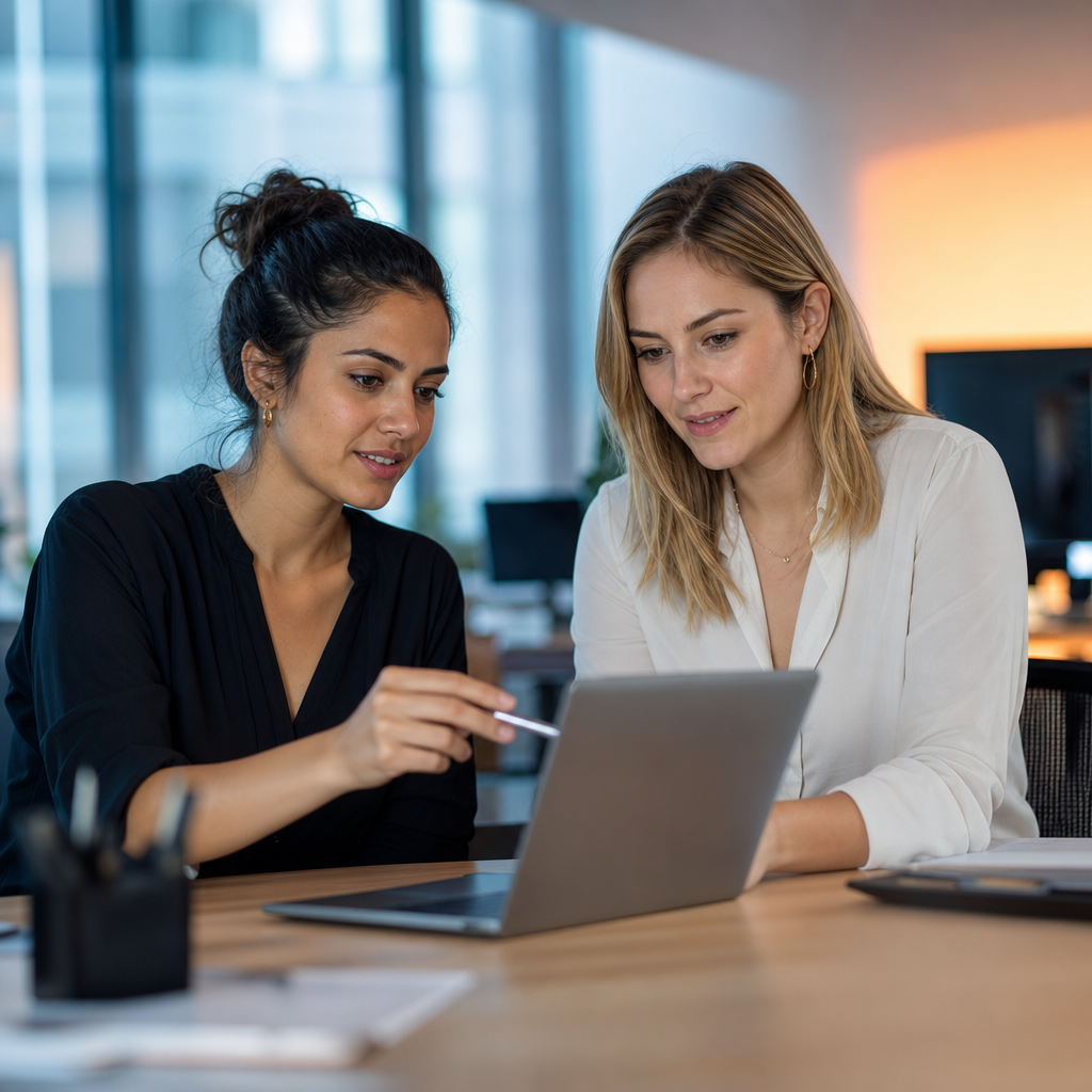Zwei Frauen in einem modernen B&uuml;ro, die gemeinsam auf einen Laptop schauen und diskutieren.