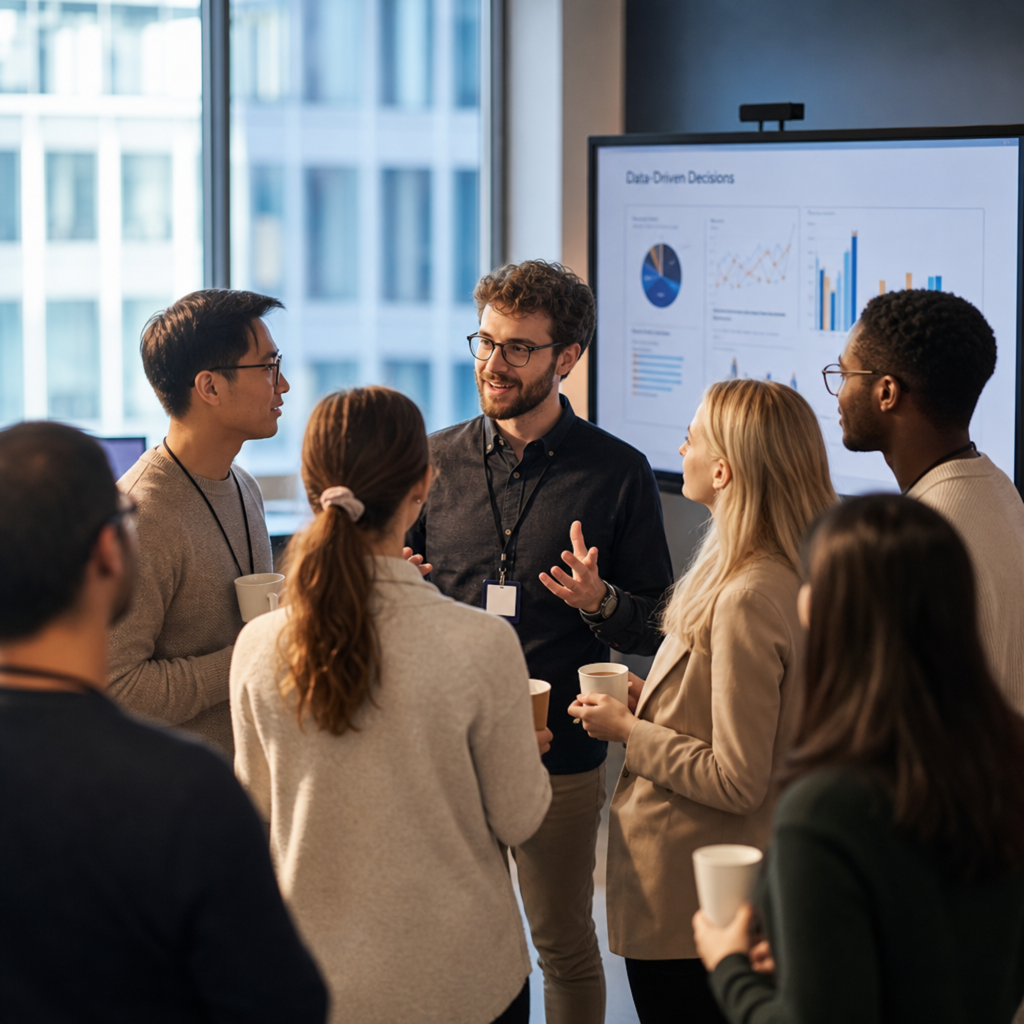 Eine Gruppe von fünf Personen diskutiert in einem modernen Büro mit Diagrammen im Hintergrund. Alle halten Kaffeebecher.