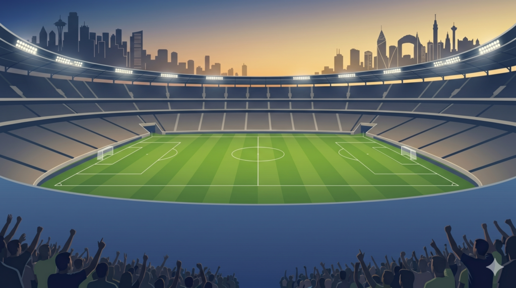 Leeres Fußballstadion bei Sonnenuntergang mit jubelnden Fans und Stadtansicht im Hintergrund.