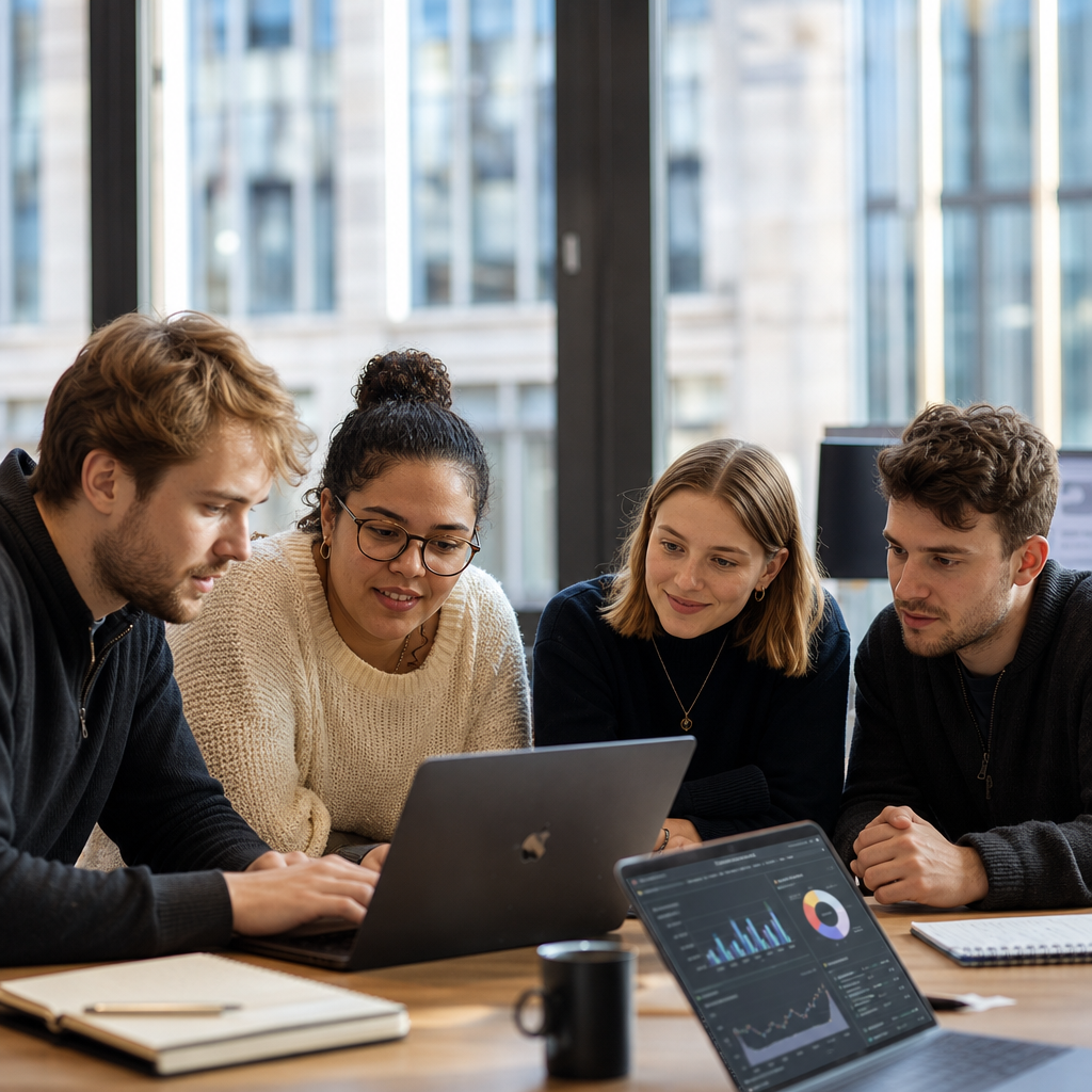 Vier Personen sitzen an einem Tisch und betrachten gemeinsam einen Laptop, w&auml;hrend Diagramme und Notizen auf dem Tisch liegen.