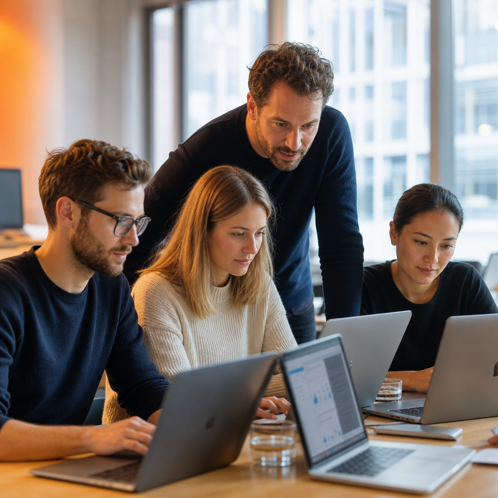 Eine Gruppe von vier Personen arbeitet an Laptops in einem modernen B&uuml;ro, w&auml;hrend sie gemeinsam diskutieren.