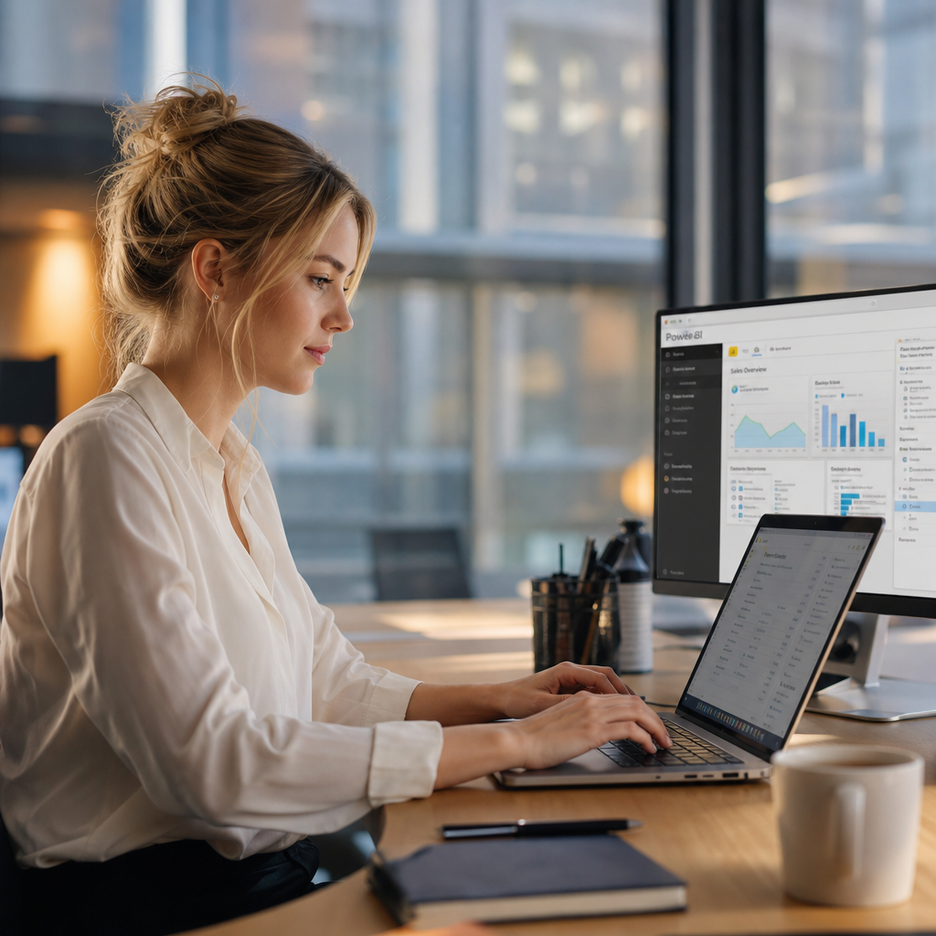 Eine Frau in einem modernen B&uuml;ro arbeitet am Laptop, w&auml;hrend auf einem Monitor Datenanalysen angezeigt werden.