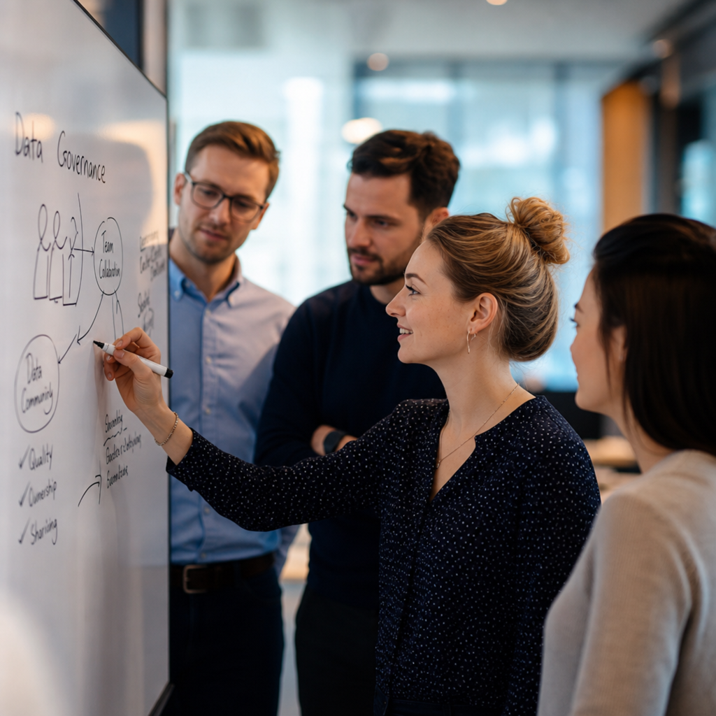 Eine Frau erkl&auml;rt Data Governance an einem Whiteboard, w&auml;hrend drei Kollegen aufmerksam zuh&ouml;ren.