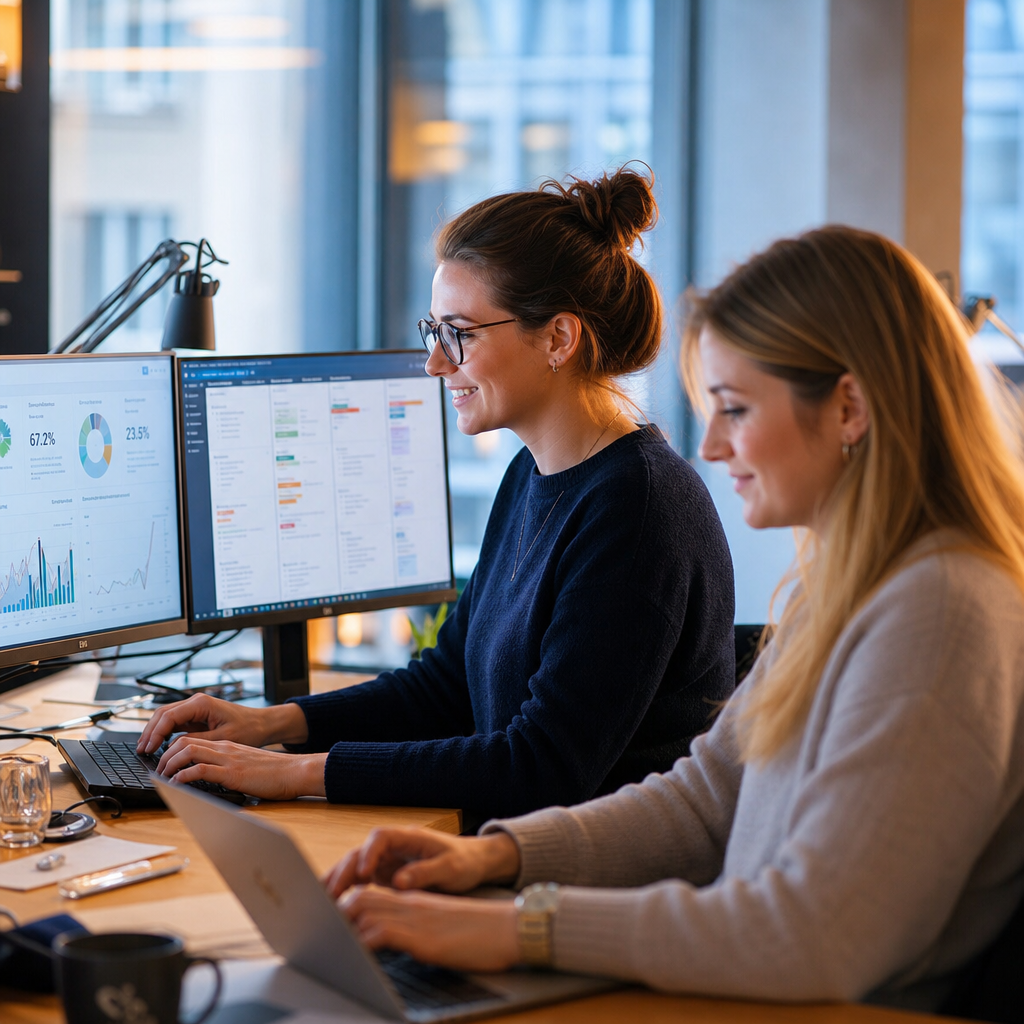 Zwei Frauen arbeiten an Computern in einem modernen B&uuml;ro, analysieren Daten und tauschen sich aus.