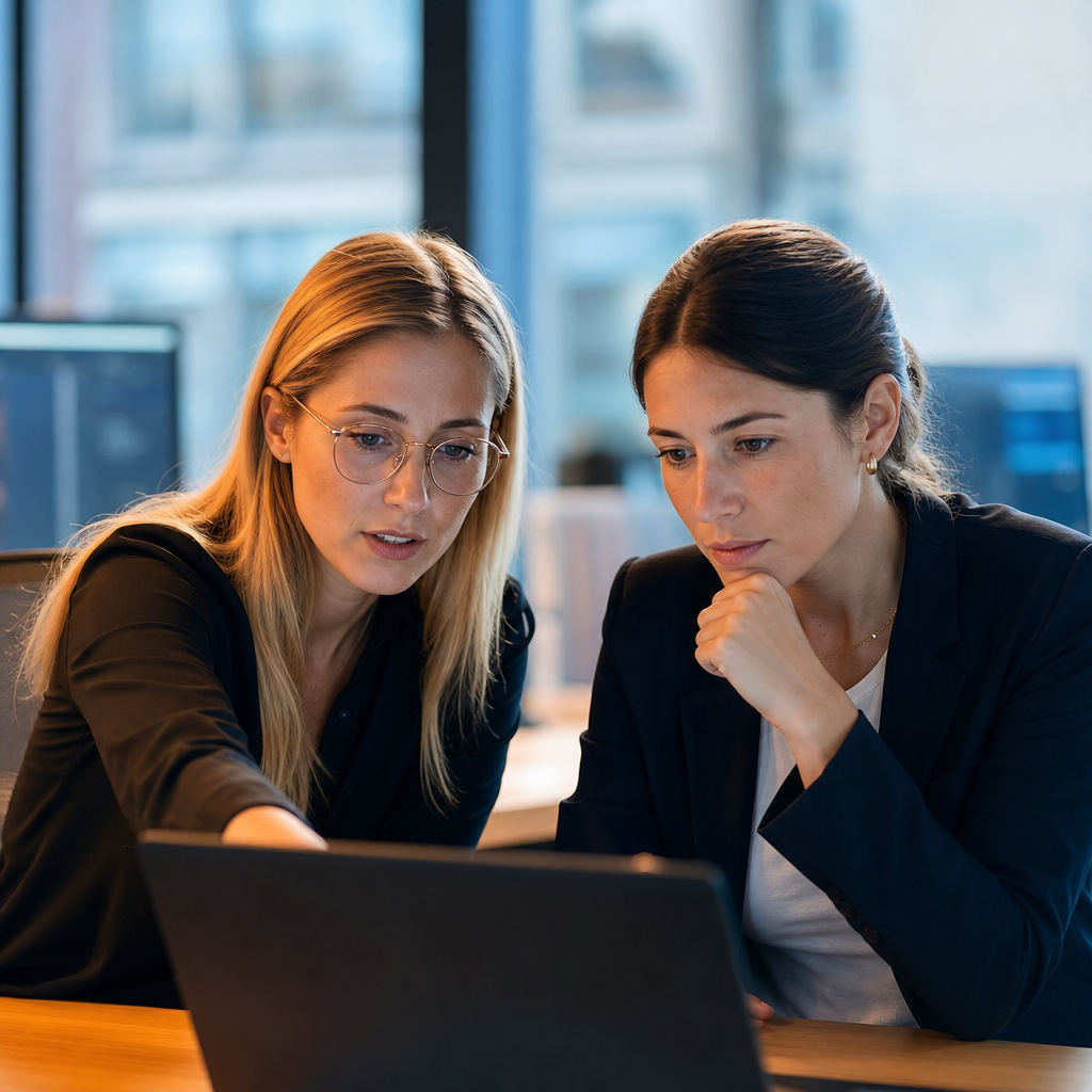 Zwei Frauen in einem modernen B&uuml;ro schauen konzentriert auf einen Laptop und diskutieren.