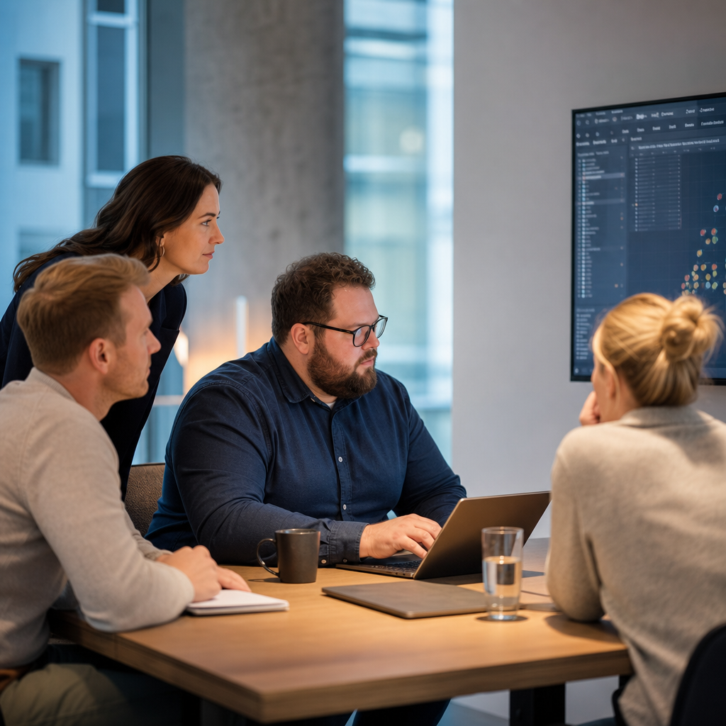 Eine Gruppe von vier Personen in einem modernen Konferenzraum, die gemeinsam an einem Laptop arbeiten und Daten analysieren.