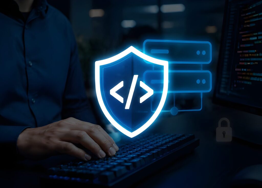 Ein Mann tippt an einer Tastatur, während ein leuchtendes Schild mit Code-Symbolen und Server-Icons im Hintergrund sichtbar ist.